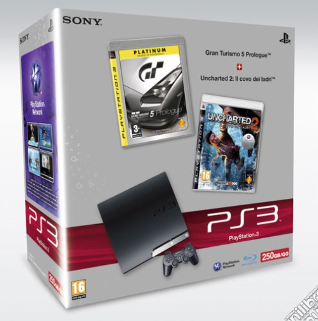 Playstation 3 250 Gb+GT5Prolog+Unchart.2 videogame di PS3