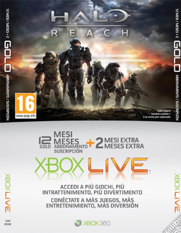MICROSOFT X360 Live Card 12 Mesi+2 HaloR videogame di X360
