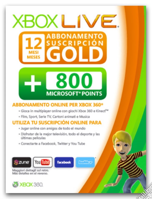 MICROSOFT X360 Live 12M Gold Card+800Pts videogame di X360
