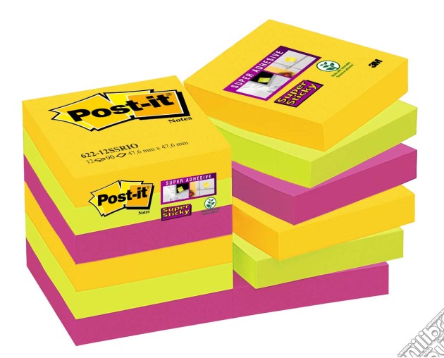 3M Post-it - Super Sticky Colori Rio De Janeiro 12 Blocchetti 90 Foglietti 4 Colori 47,6x47,6mm gioco