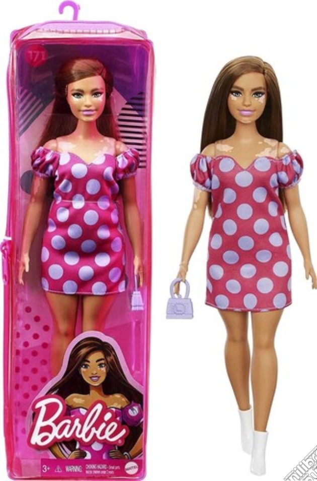 Barbie: Mattel - Fashionista Doll 16 / Bambola Castana con Vitiligine, Vestitino a Pois e Accessori gioco