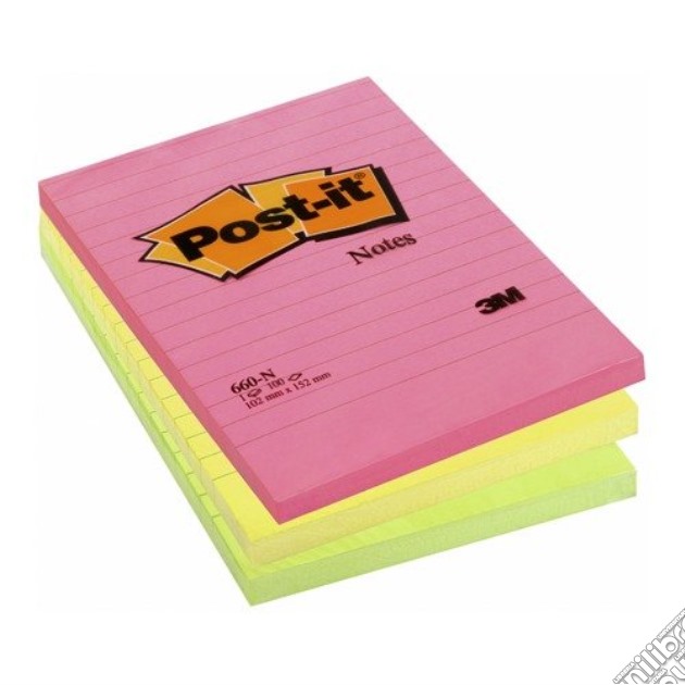 3M Post-it - 100 Foglietti Post-it Colori Assortiti Neon A Righe 102x152mm gioco di 3M