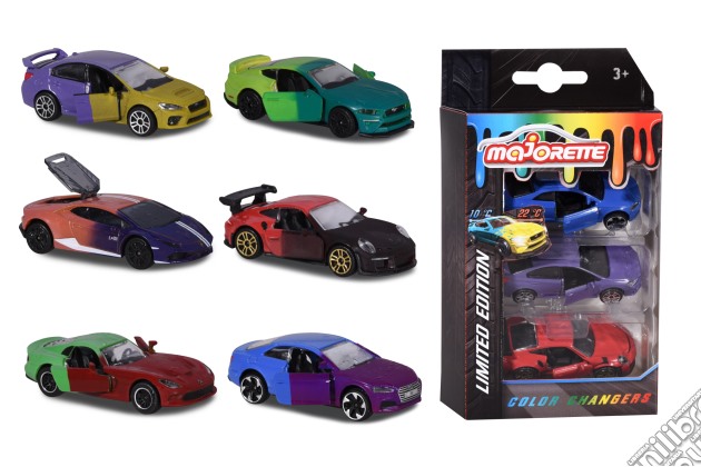 Majorette Limited Ed. 6 Color Change Cars Set 3 Pz, Scala 1:64, Cm.7,5 -2 Asst. Le Automobiline Cambiano Colore Se Immerse In Acqua Fredda (12- 15oC). gioco