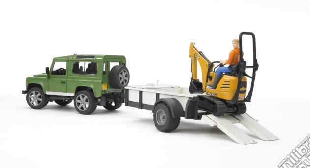 Bruder: 2593 - Land Rover Defender C/Rim.Trasp. Jcb Micro Escavatore Con Figura gioco di Bruder