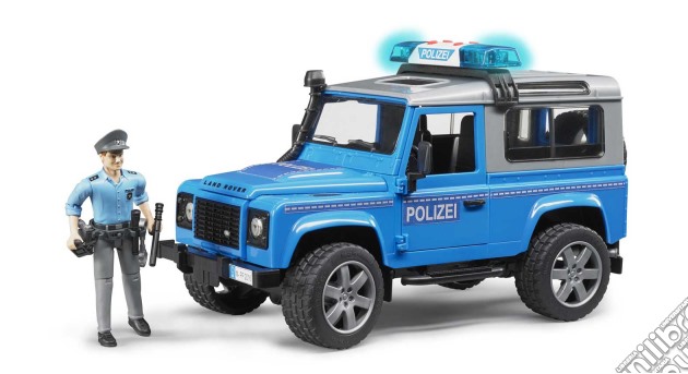 Bruder 02597 - Land Rover Defender Station Wagon Blu Polizei Con Luci E Suono E Poliziotto gioco di Bruder