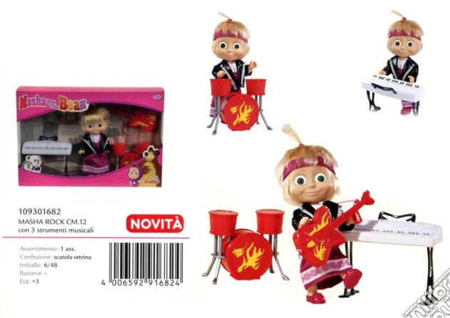 Masha E Orso - Bambola Masha 12 Cm Rock Con 3 Strumenti Musicali gioco di Simba Toys