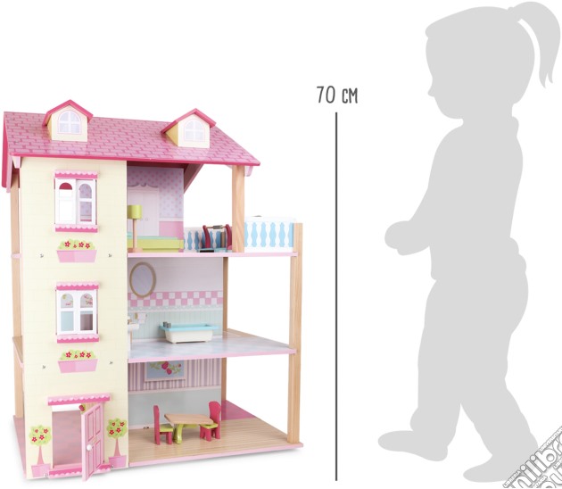 Casa delle bambole Tetto rosa, a 3 piani, girevole gioco
