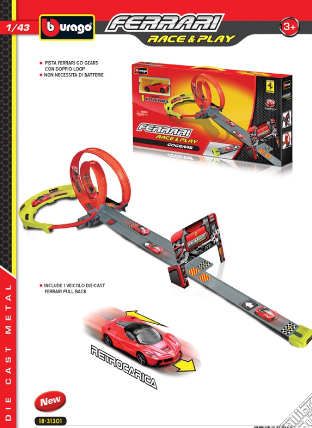 Ferrari Race & Play - Go Gears - Pista Con Doppio Loop Con 1 Macchinina 1:43 gioco di Bburago