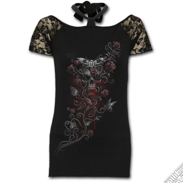 Deaths Head Knotted Neckband Lace Shoulder Top M gioco di Spiral