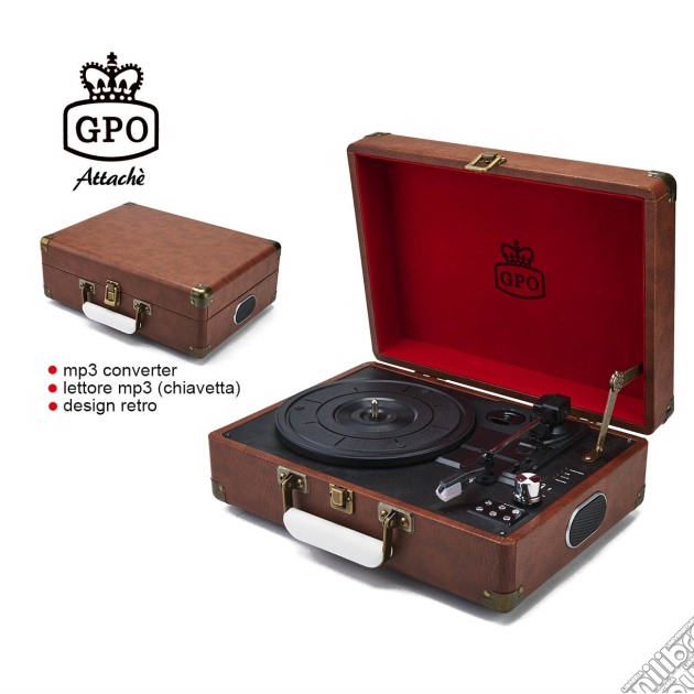 GPO ATTACHEBRO: Briefcase Retro Style Three-Speed Portable Vinyl Turntable With Built-In Stereo Speakers gioco di Gpo