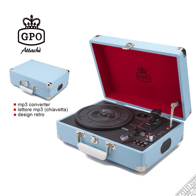 GPO Attache Vinyl Record Player with Built-in Speakers, Vintage Turntable Portable Player Compatible with External Speakers, USB Direct Recording, Sky gioco di Gpo
