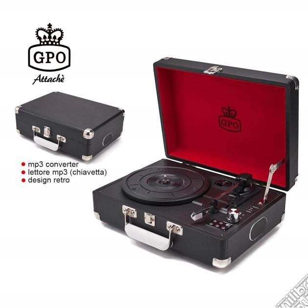 GPO: ATTACHEBLA - Briefcase Retro Style Three-Speed Portable Vinyl Turntable With Built-In Stereo Speakers (Giradischi) gioco di Gpo