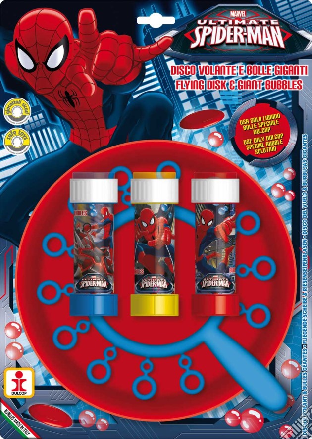 Marvel: Dulcop Bolle Di Sapone - Disco Volante Bolle Giganti - Spider-Man - Piatto + Soffiatore Multiplo + 3 Flaconi 60 Ml gioco di Dulcop