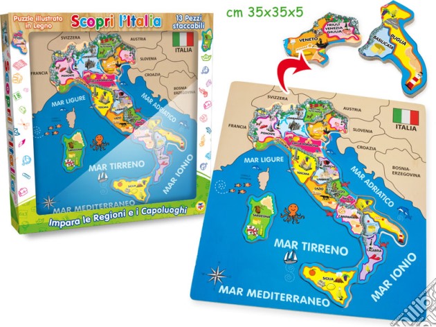 Scopri L'Italia Puzzle Legno Con 13 Pz Staccabili 30x30x1 Cm puzzle