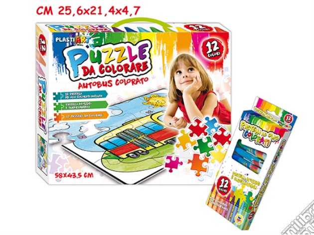 Puzzle Da Colorare - 58x43 Cm Con 12 Pastelli Ad Olio - Autobus gioco