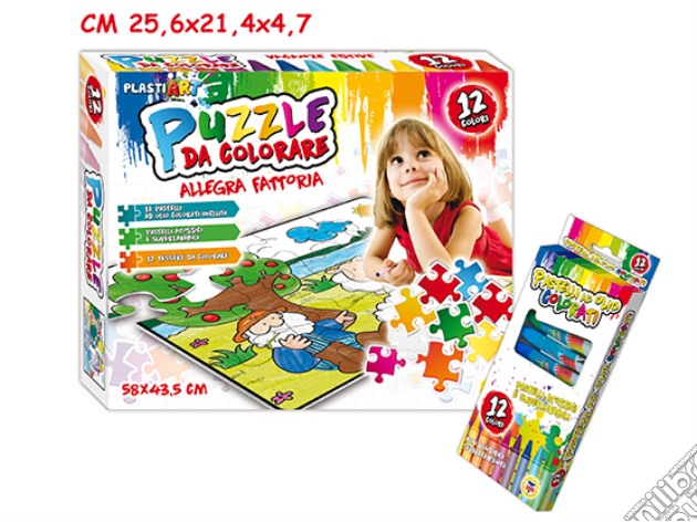 Puzzle Da Colorare - 58x43 Cm Con 12 Pastelli Ad Olio - Fattoria gioco