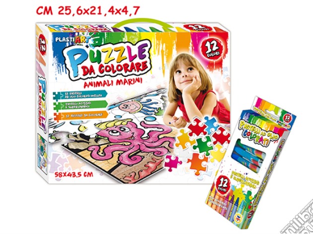 Puzzle Da Colorare - 58x43 Cm Con 12 Pastelli Ad Olio - Animali Marini gioco