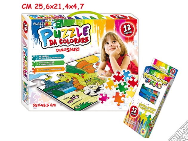 Puzzle Da Colorare - 58x43 Cm Con 12 Pastelli Ad Olio - Dinosauri gioco