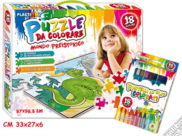 Puzzle Da Colorare - 87x58 Cm Con 18 Pastelli Ad Olio - Mondo Preistorico gioco