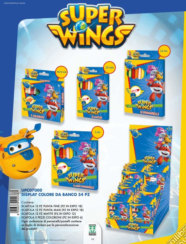 Super Wings - Display Da Banco Colore 54 Pz Con Pennarelli Punta Fine, Penarelli Maxi, Matite, Coloroni gioco di Auguri Preziosi