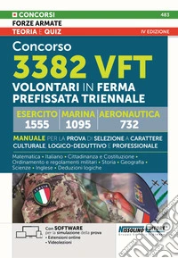 Concorso 3382 VFT volontari in ferma prefissata triennale. 1555 volontari esercito. 1095 volontari marina. 732 volontari aeronautica. Manuale. Teorie e quiz. Con Con SOFTWARE per la simulazione della prova. Con Estensioni online. Con Videolezioni libro